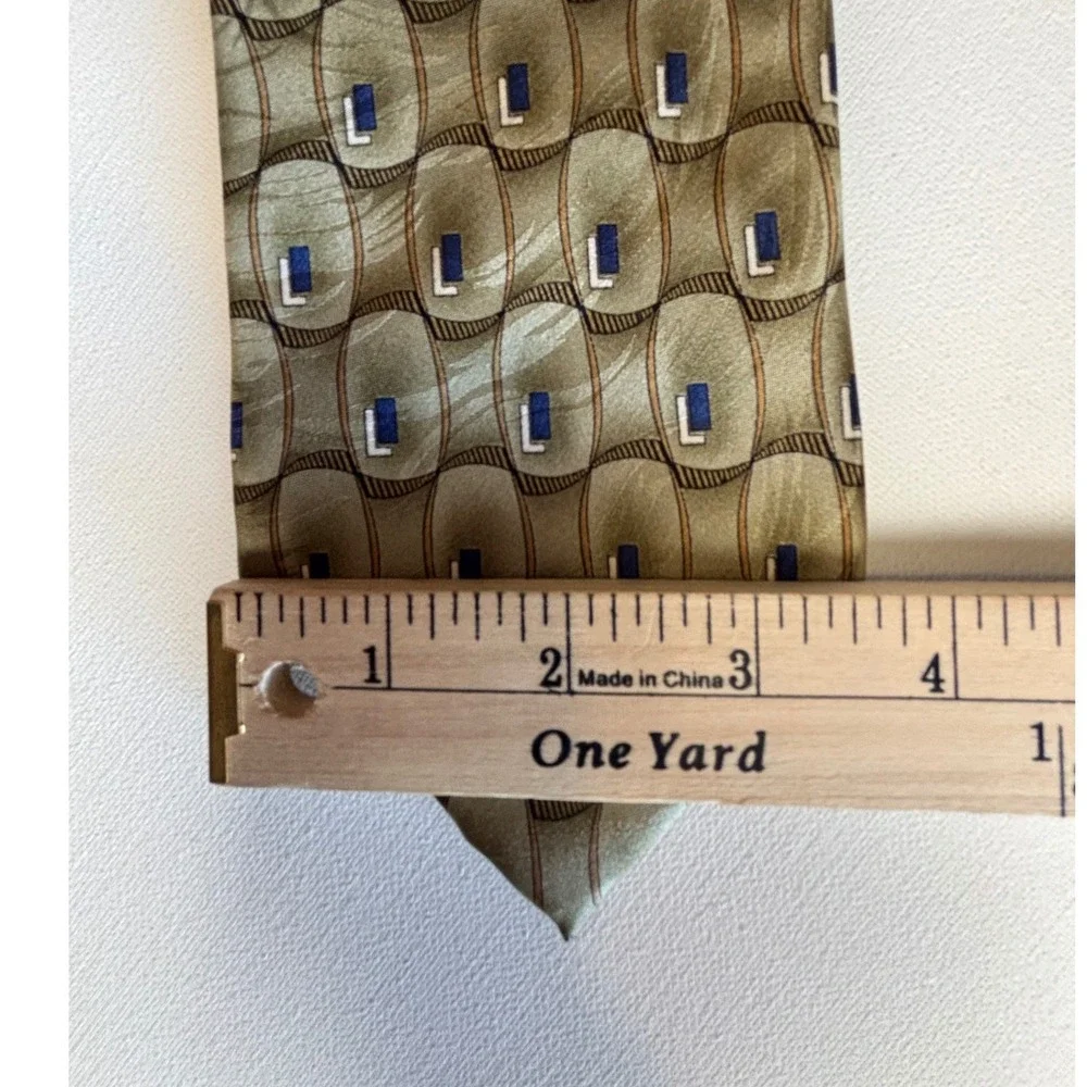 Vintage Marquis Mens Silk Necktie Olive Green Gold Blue Geometric‎ Tie